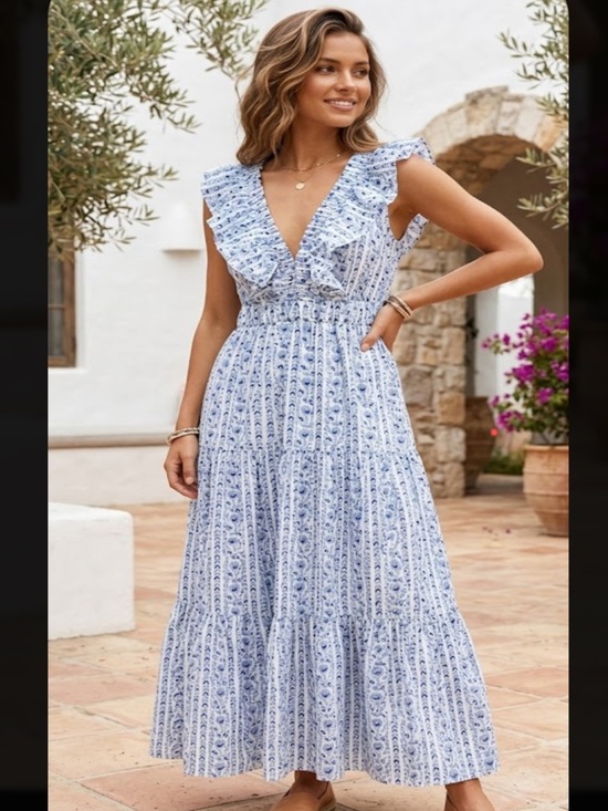 Madison Mathews Dresses & Skirts - Sleeveless Blue & White Ruffle Maxi Dress